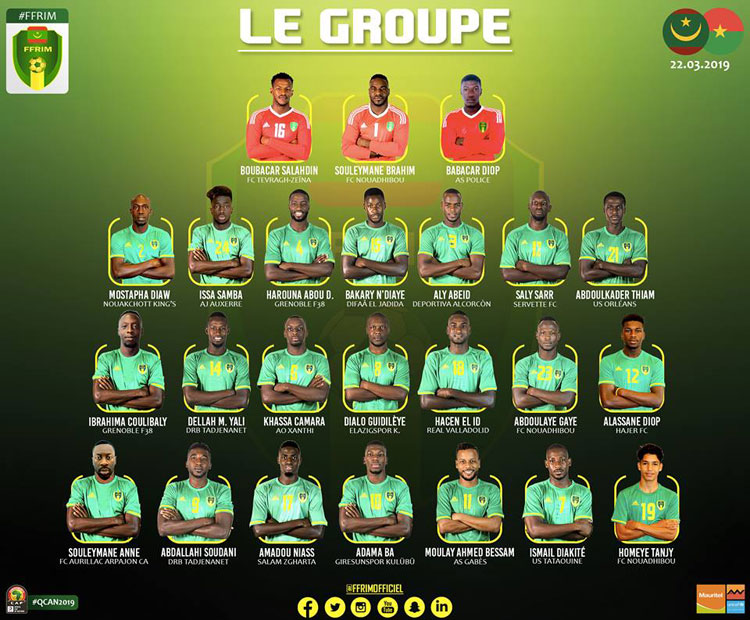قائمة المنتخب الموريتاني لمباراة بوركينافاسو(الأسماء)