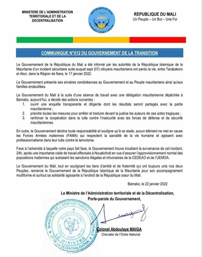 مالي تصدر بيانا بخصوص مقتل موريتانيين على أراضيها(وثيقة)